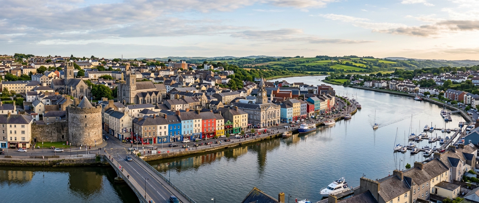 Panoramic view of Waterford city Ireland, historic medieval buildings along the River Suir, colourful shopfronts, Reginald's Tower visible, green hills in background