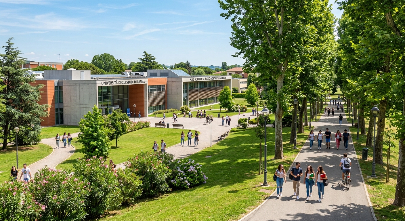 University of Parma science campus, modern lecture halls and laboratory buildings surrounded by green spaces, students walking on tree-lined paths, sunny Italian day