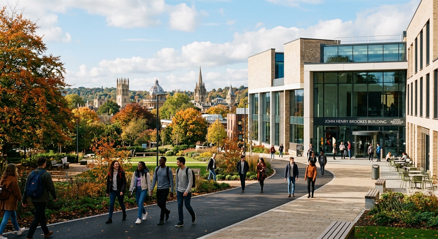 Oxford Brookes University Headington campus with the modern John Henry Brookes Building, students walking through landscaped grounds, historic Oxford skyline visible in background, bright autumn day