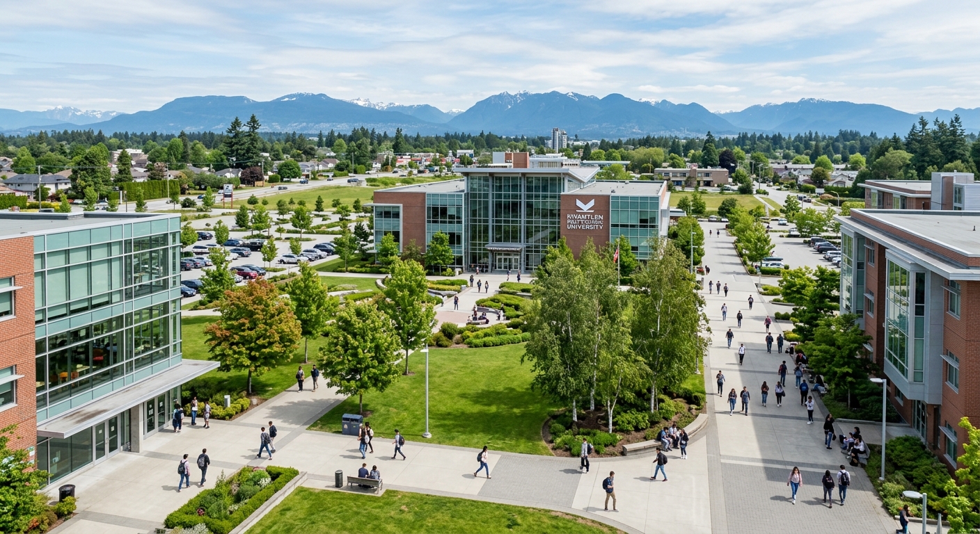 Kwantlen Polytechnic University Surrey campus wide shot, modern institutional buildings with glass facades, green landscaped grounds, students walking along pathways, Metro Vancouver suburban setting with mountains in the distance, bright daytime lighting