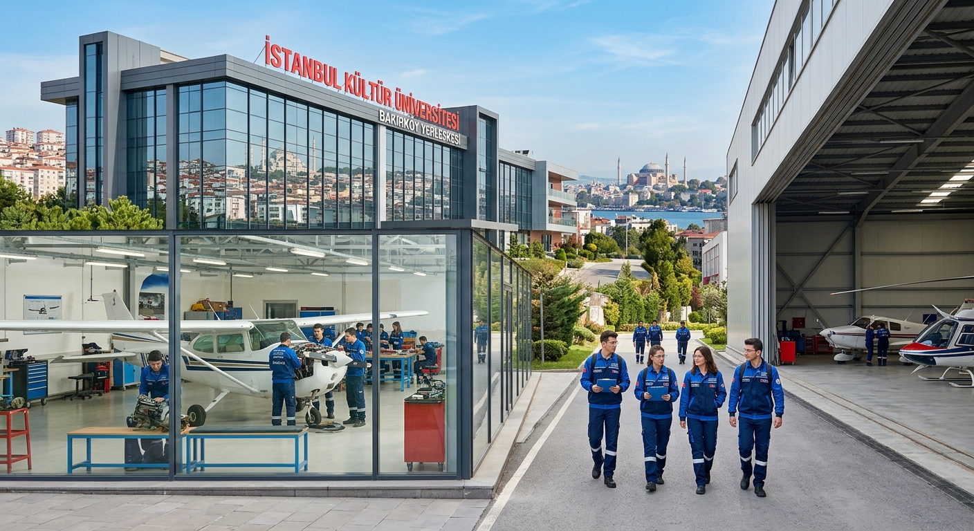 Istanbul Kültür University Bakırköy campus building with modern architecture, aviation workshop visible through large windows, students in technical uniforms walking near aircraft maintenance hangar, Istanbul cityscape in background, clear blue sky