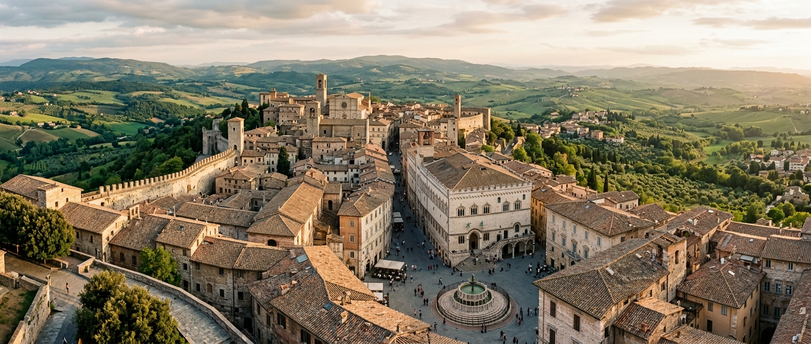 Panoramic view of Perugia hilltop medieval city, terracotta rooftops, Umbrian green hills in background, Fontana Maggiore in Piazza IV Novembre, golden hour light, Italian countryside landscape