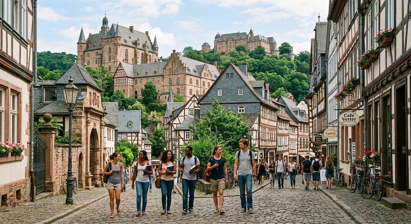 Historic Philipps-Universität Marburg campus with medieval architecture, cobblestone pathways, and lush green hills in the background, students walking through the old town university quarter in Marburg, Hesse, Germany