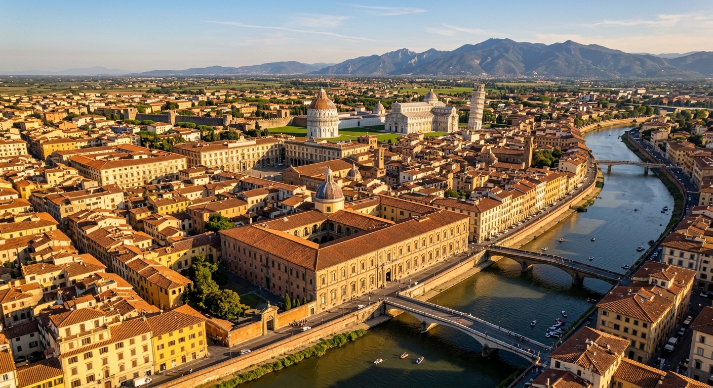 Aerial view of University of Pisa historic buildings along the Arno River with Palazzo della Sapienza in the foreground, terracotta rooftops, and the Leaning Tower visible in the background, warm Mediterranean sunlight