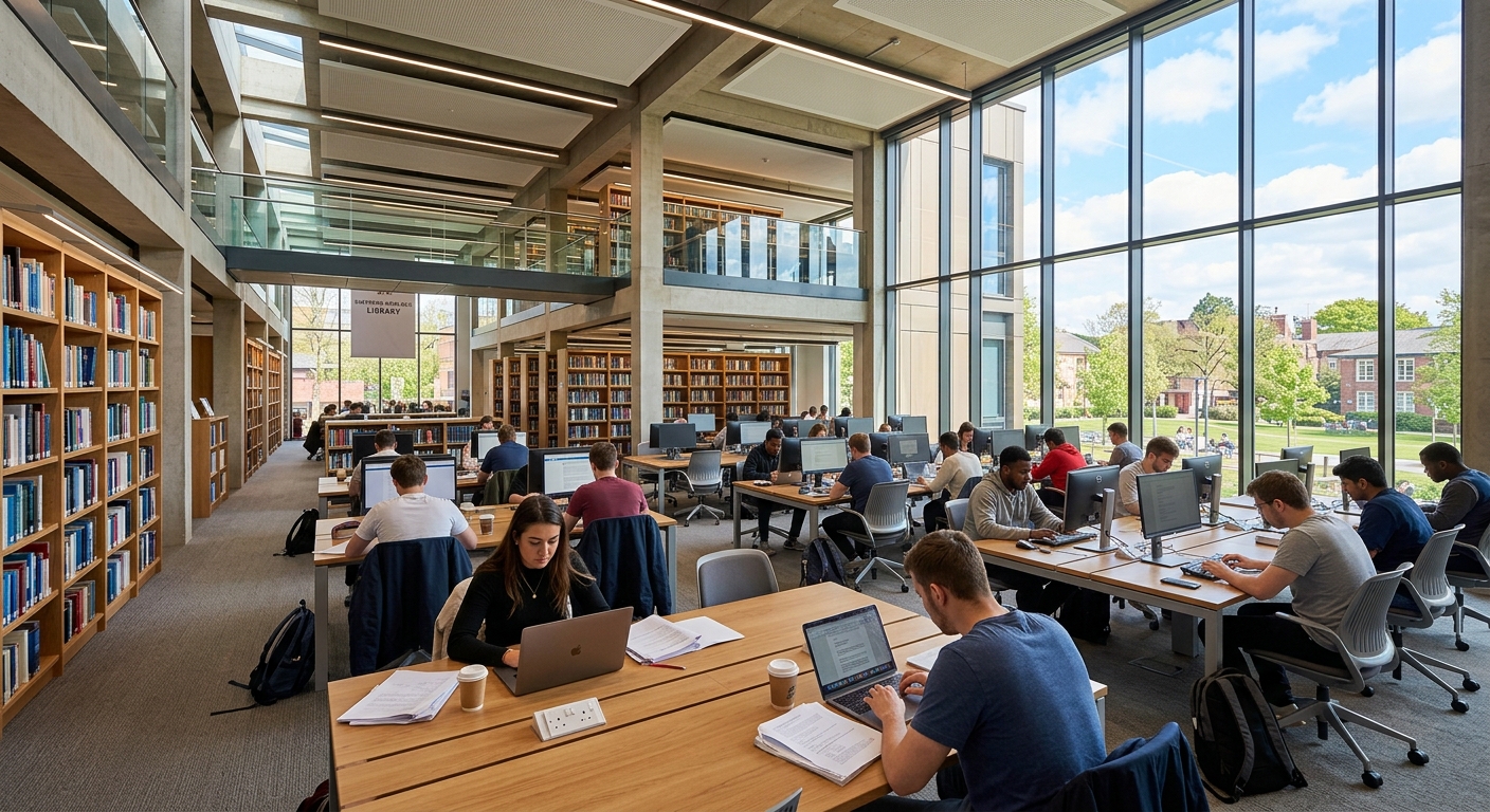 Sheppard-Worlock Library interior at Liverpool Hope University, modern open-plan study spaces, bookshelves, students using computers, natural light from large windows