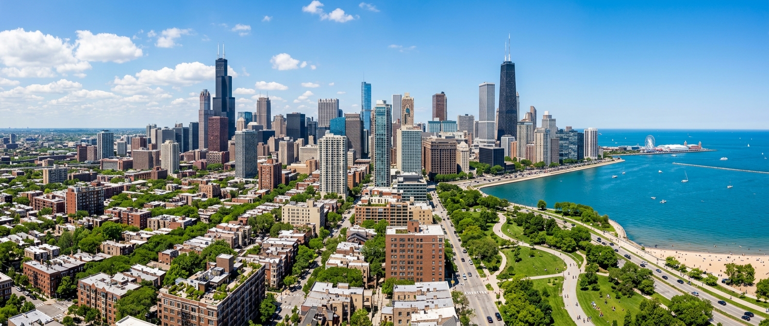 Chicago skyline panorama viewed from the north side, featuring Willis Tower, John Hancock Center, and Lake Michigan shoreline, with diverse urban neighborhoods in the foreground on a vibrant day