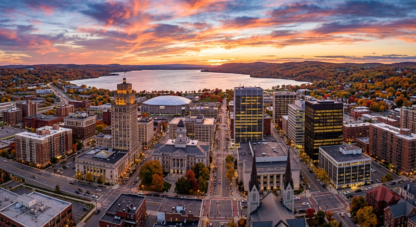 Downtown Syracuse New York cityscape with Onondaga Lake in background, autumn foliage on rolling hills, historic buildings and modern skyline under dramatic sunset sky
