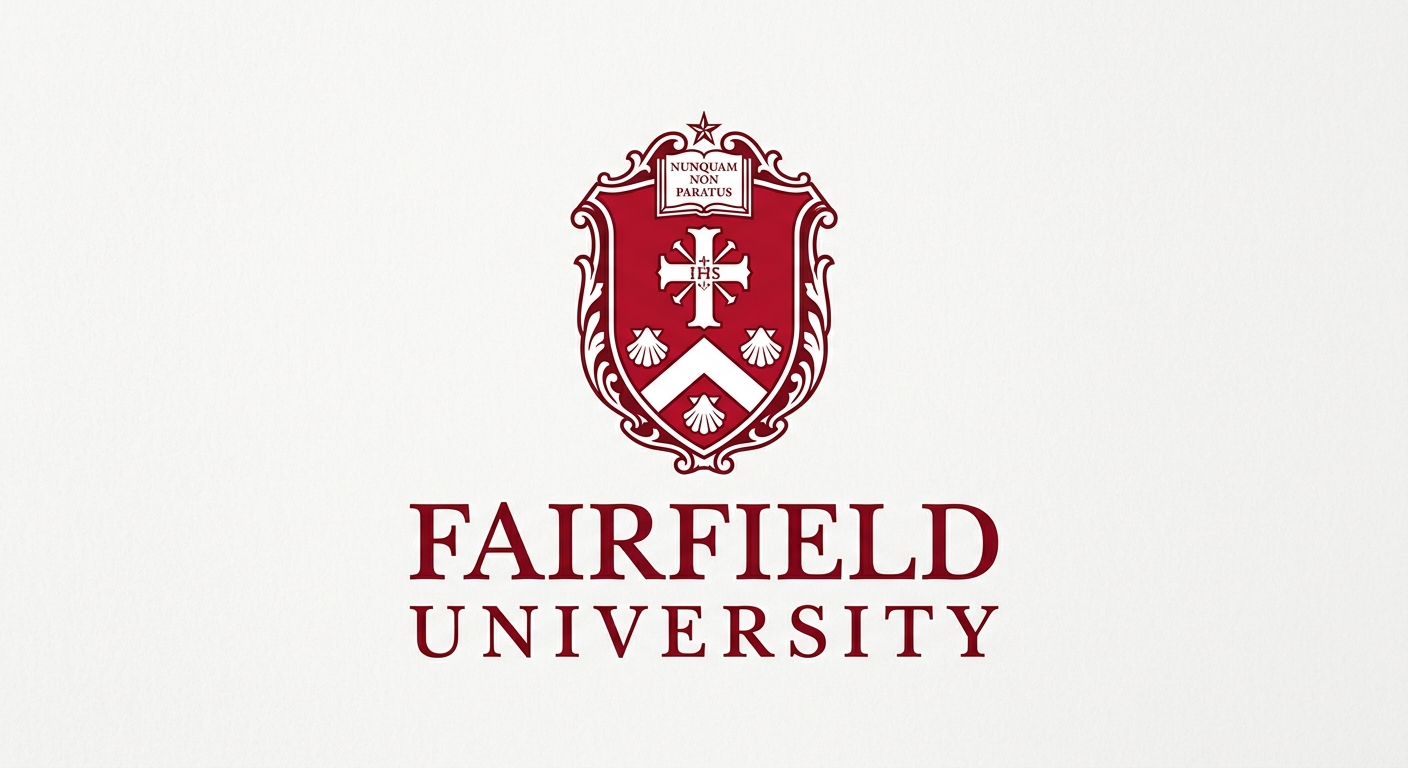 Fairfield University official logo featuring a shield with Jesuit cross symbol and the text Fairfield University in dark red and white