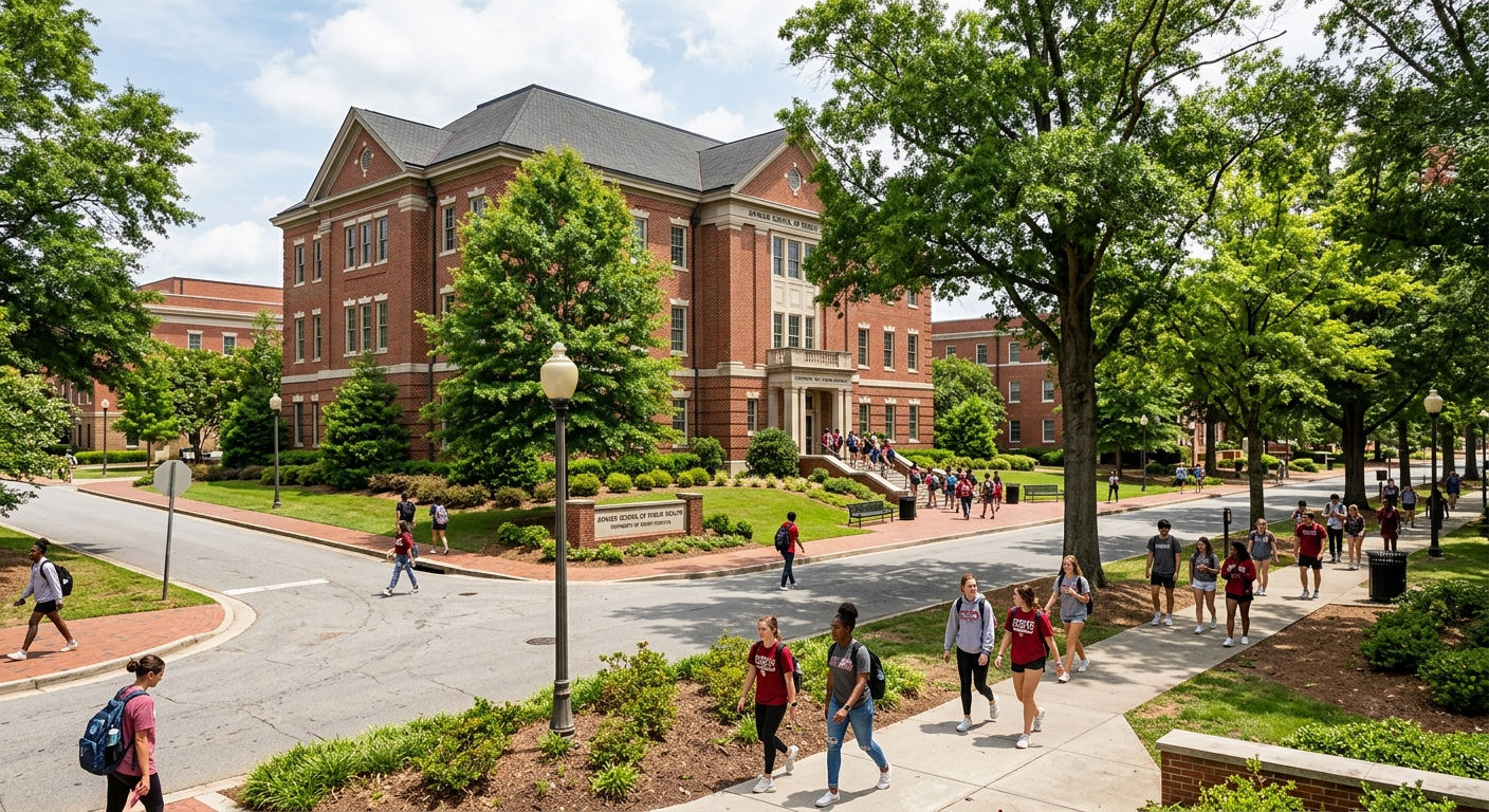 University of South Carolina Arnold School of Public Health campus building with red brick architecture, green trees, and students walking on pathways in Columbia South Carolina