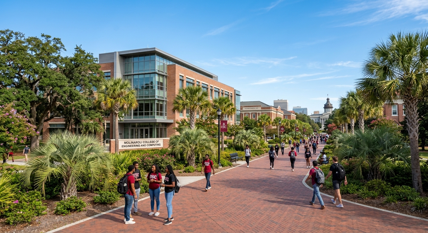University of South Carolina campus with the Molinaroli College of Engineering and Computing building, students walking on brick pathways surrounded by palmetto trees, clear blue sky over Columbia South Carolina