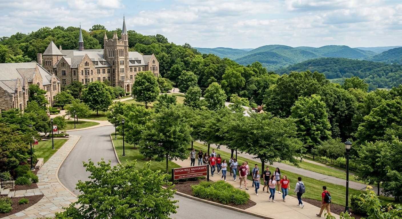 Seton Hill University hilltop campus in Greensburg Pennsylvania, historic stone buildings surrounded by lush green trees on a 200-acre wooded campus, students walking along pathways with scenic Laurel Highlands in the background