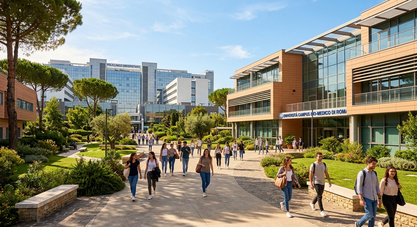 Modern Campus Bio-Medico University building in Rome with students walking through a sunlit courtyard, featuring contemporary architecture, green landscaping, and the university hospital visible in the background