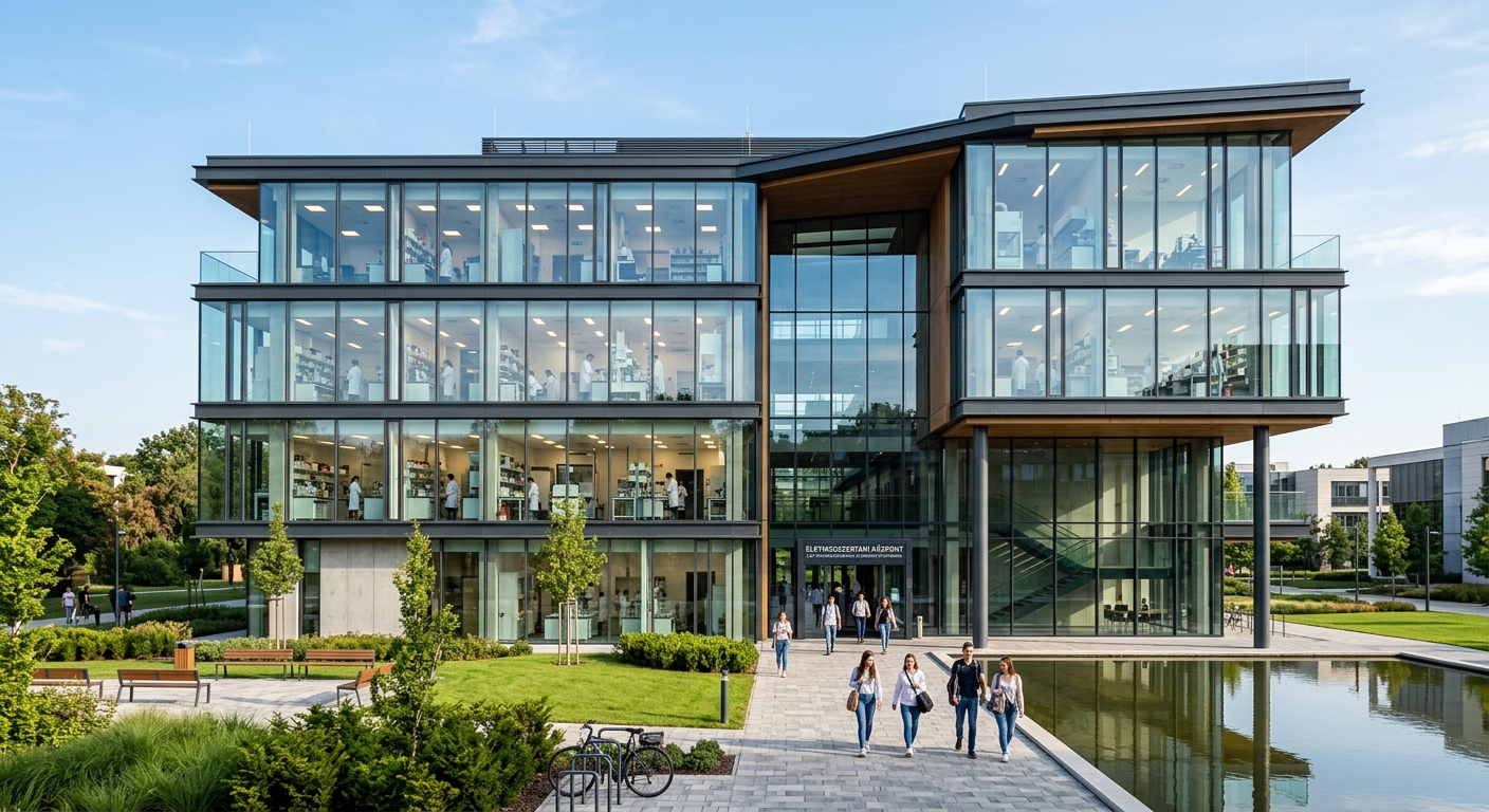 University of Debrecen modern life sciences building, contemporary glass and steel architecture, research laboratories visible through windows, landscaped surroundings