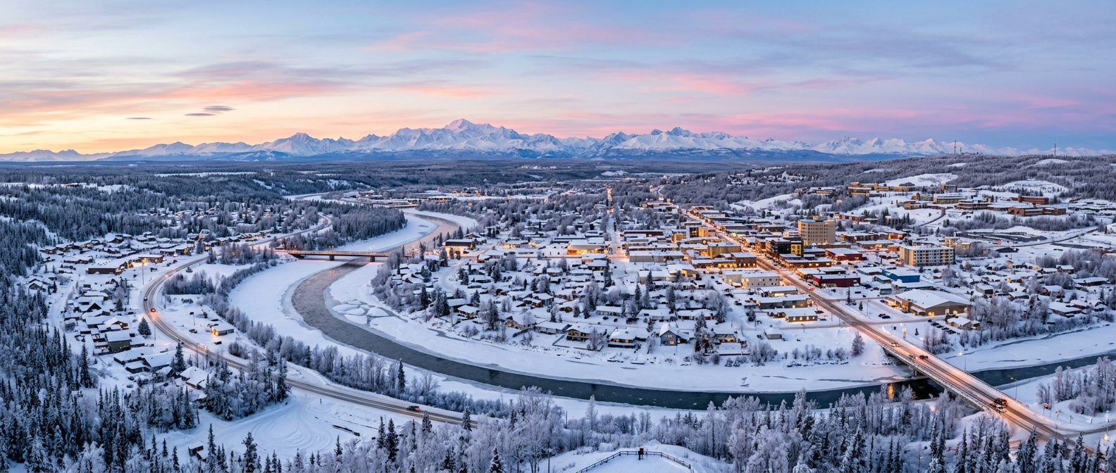 Panoramic view of Fairbanks Alaska in winter with snow-covered rooftops, the Chena River winding through town, boreal forest, and the Alaska Range mountains under a pastel twilight sky