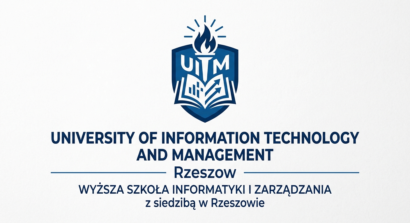 University of Information Technology and Management UITM Rzeszow official logo, blue and white color scheme, modern typographic design with university crest