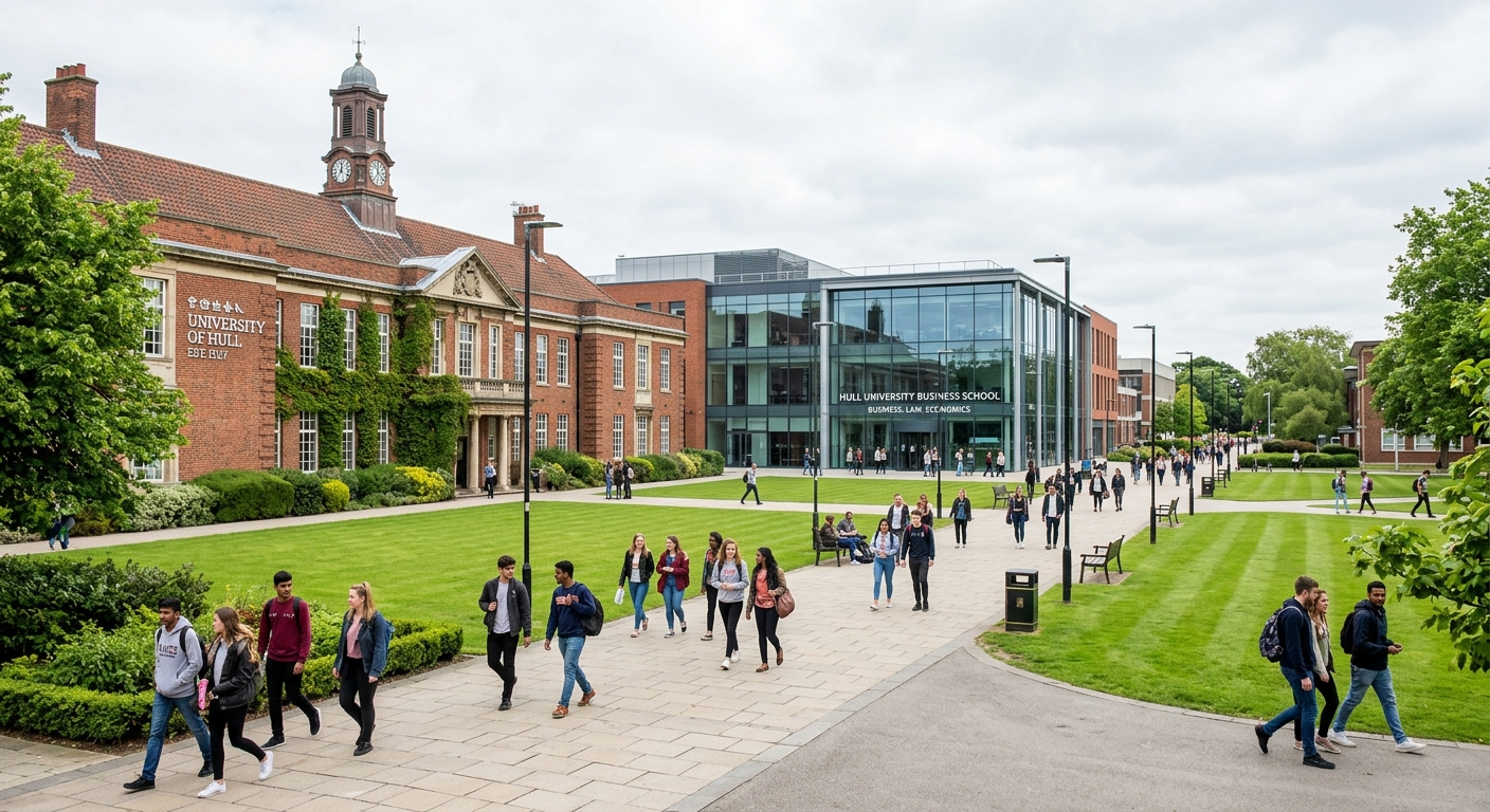 University of Hull main campus with traditional red brick buildings and modern glass structures, green lawns, students walking along pathways, Hull University Business School signage visible, bright overcast English sky