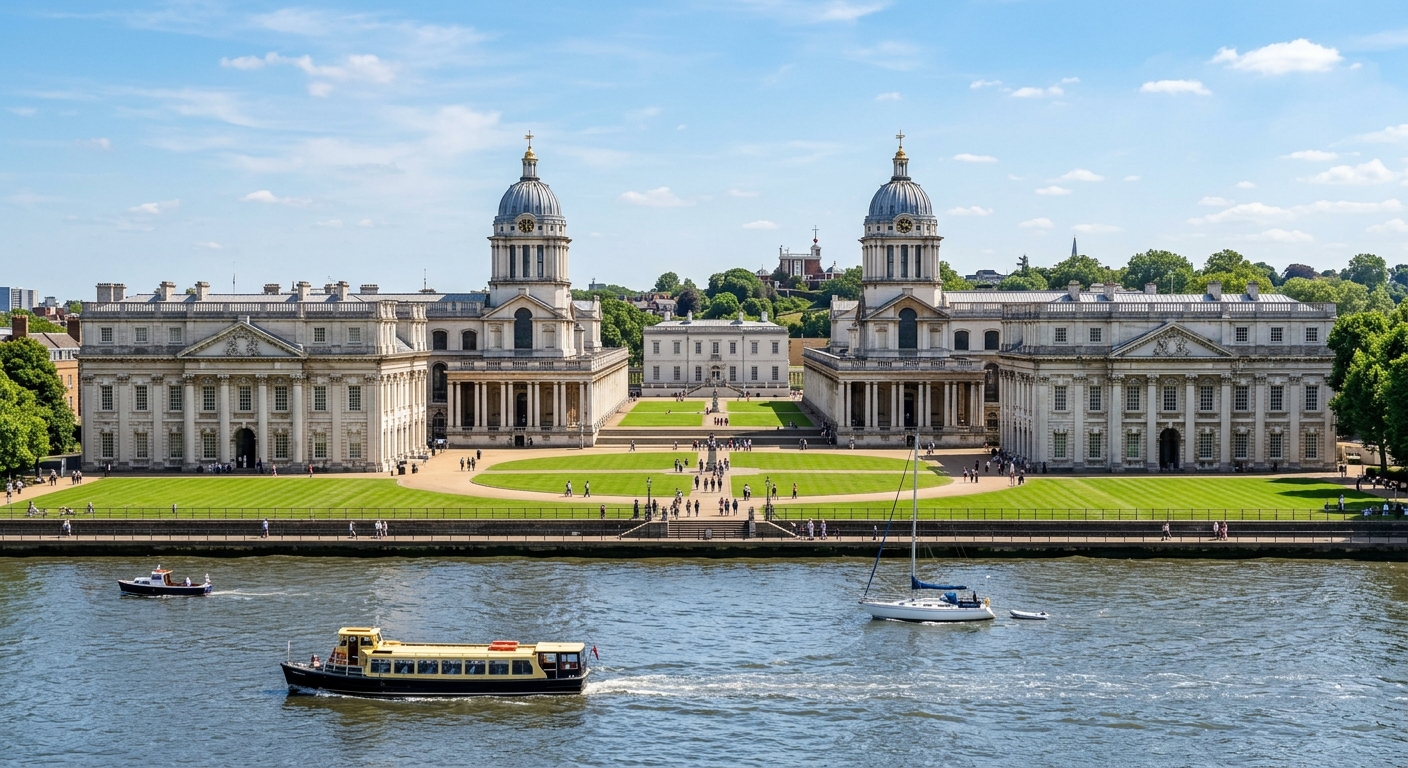 Old Royal Naval College at Greenwich Campus, twin baroque domed buildings with green lawns, River Thames in foreground, clear day with blue sky