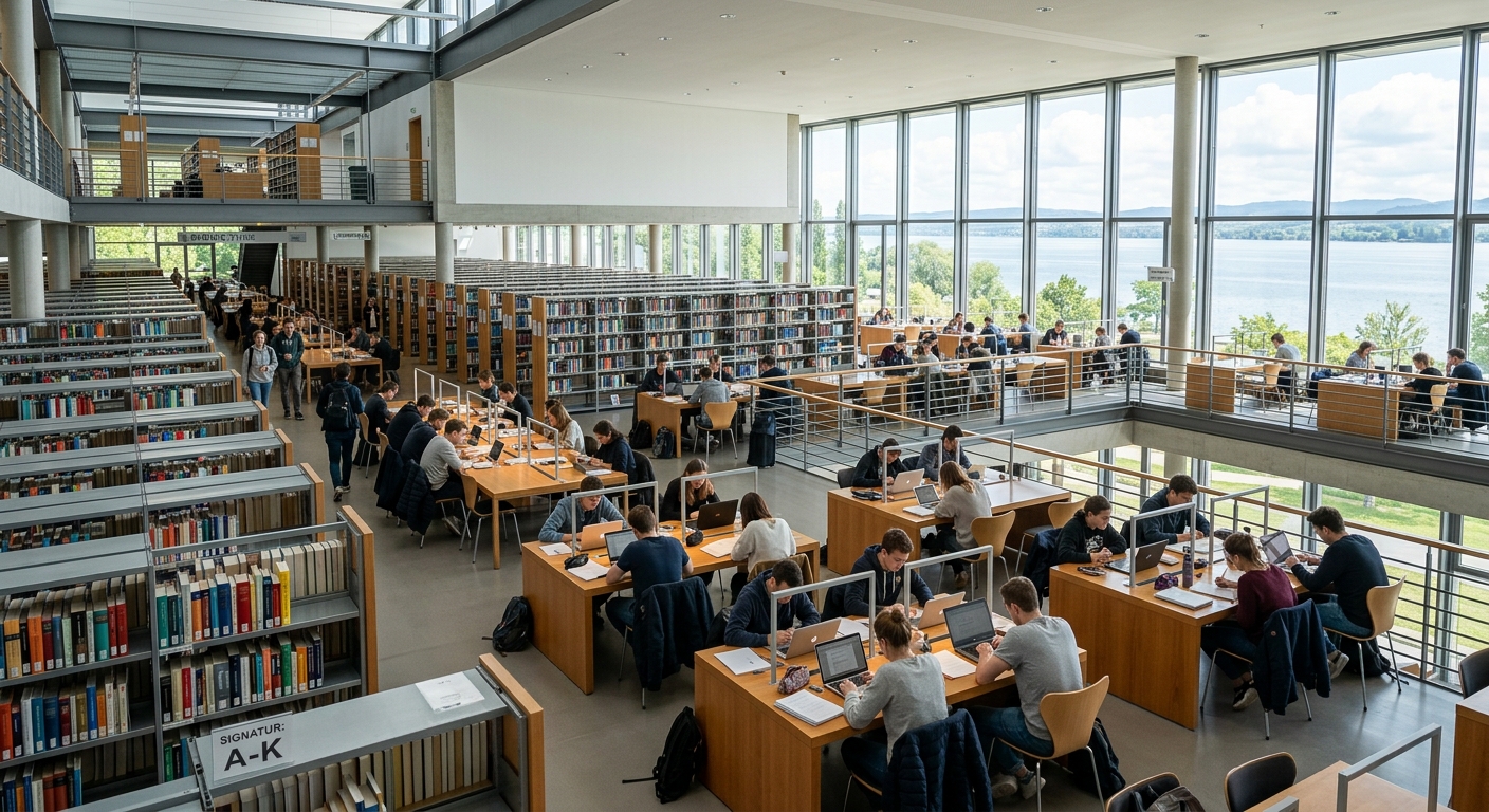 University of Konstanz central library interior, open-plan study spaces with natural light, rows of bookshelves, students studying at desks
