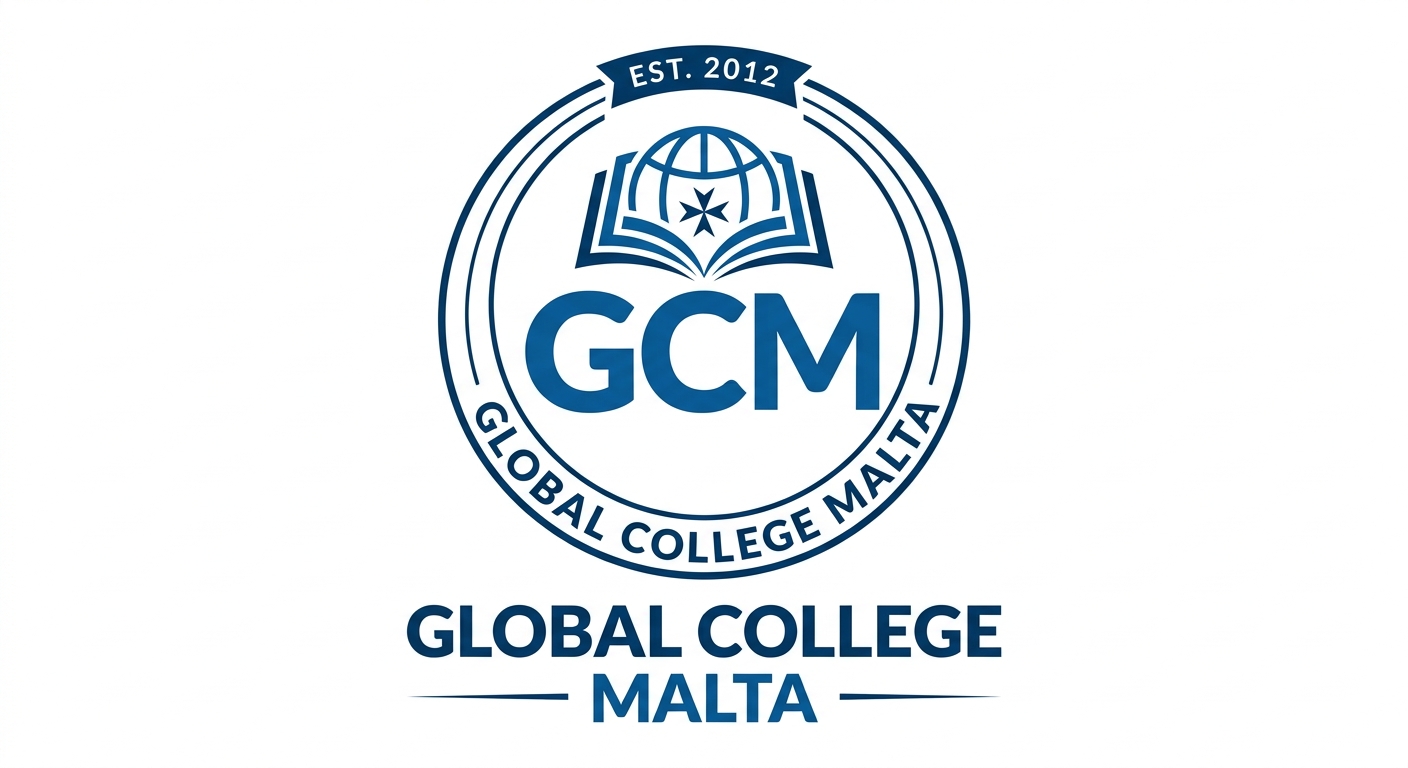 Global College Malta official logo, blue and white color scheme with GCM initials and full institution name