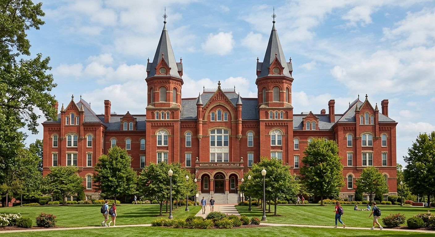 Old Main building at Washington and Jefferson College, historic twin-towered red brick structure with Victorian architectural details, green lawn in foreground, blue sky