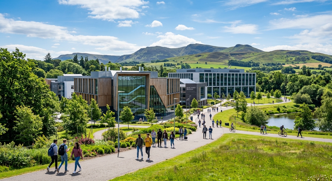 Heriot-Watt University Edinburgh campus with modern academic buildings surrounded by green parkland, students walking along pathways, Scottish landscape in the background with clear sky