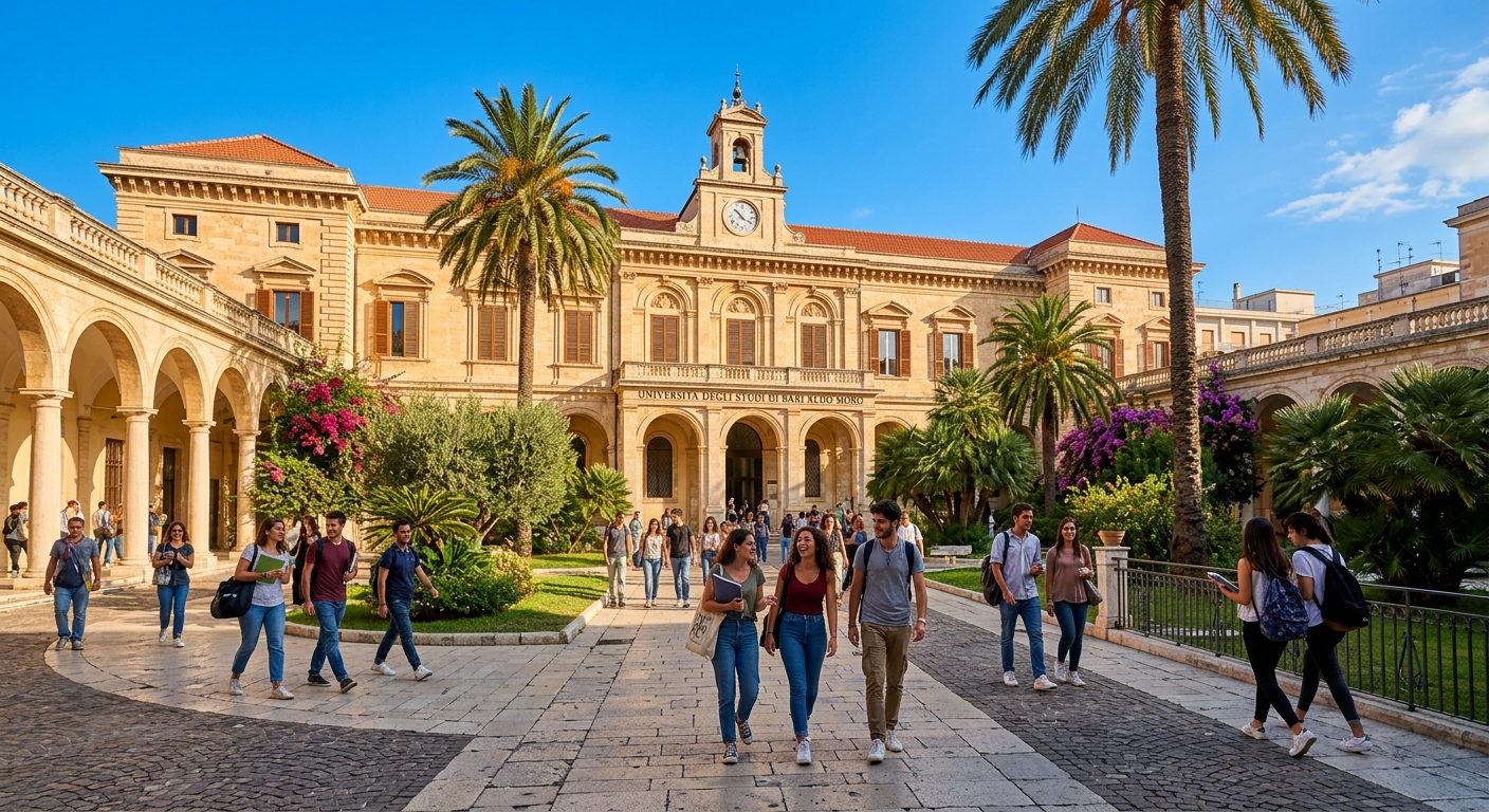 University of Bari Aldo Moro campus building with Mediterranean architecture, students walking through sunlit courtyard, palm trees and blue sky in the background, Puglia region Italy