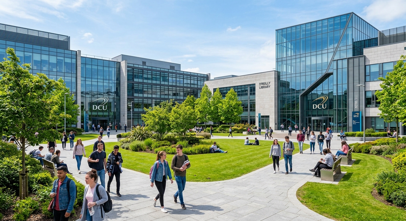 DCU Glasnevin campus main quad, modern university buildings with glass facades, students walking on pathways, green landscaped areas, bright daylight