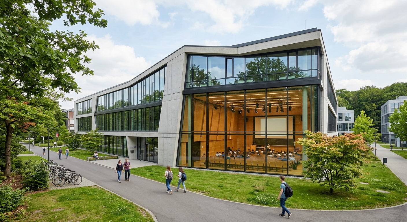 RWTH Aachen CARL lecture hall building, contemporary design with large glass windows, modern auditorium interior visible, surrounded by green campus area