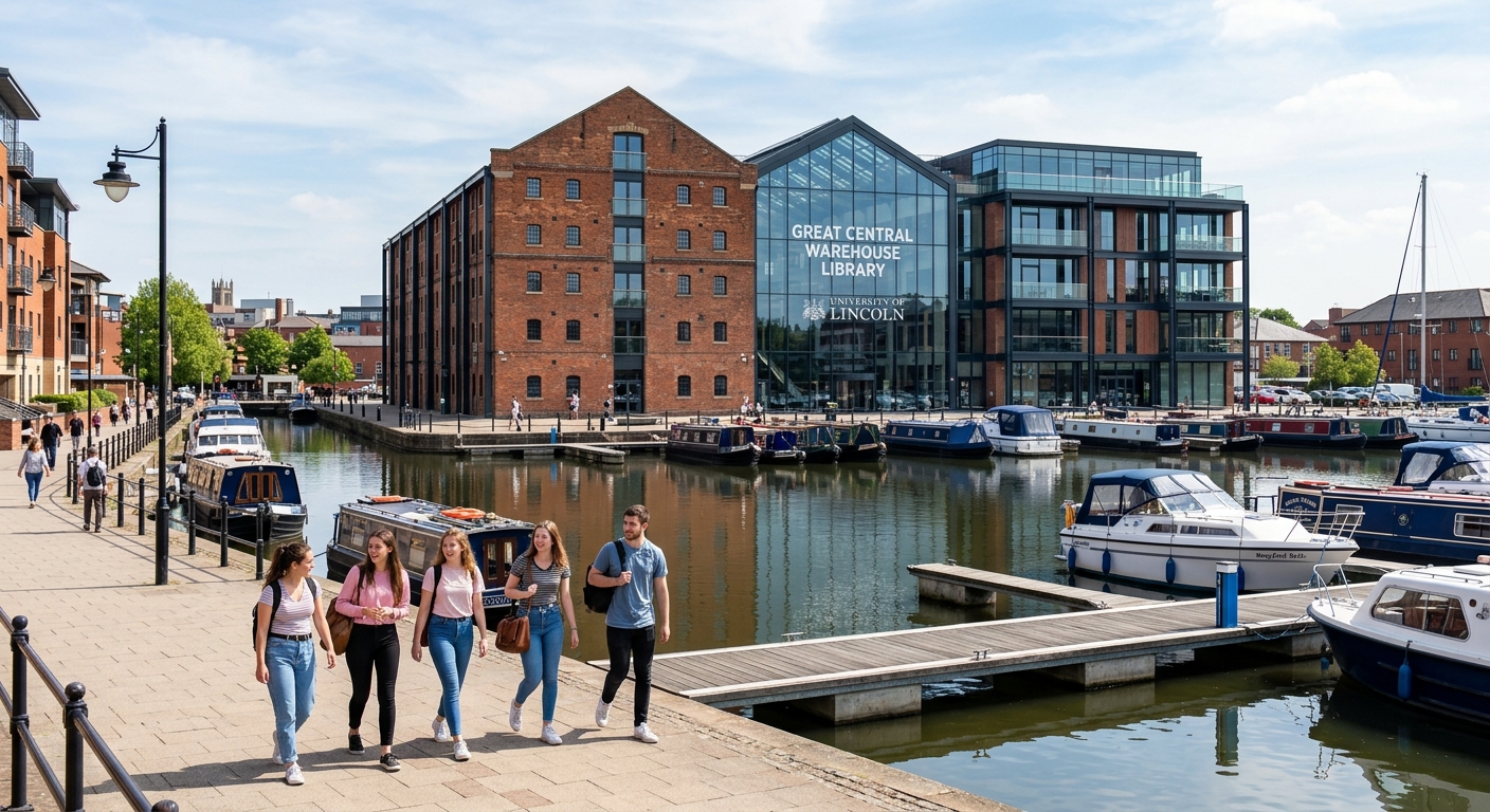University of Lincoln Great Central Warehouse Library building, modern glass and brick architecture, overlooking Brayford Pool waterfront, students walking along the marina, daytime