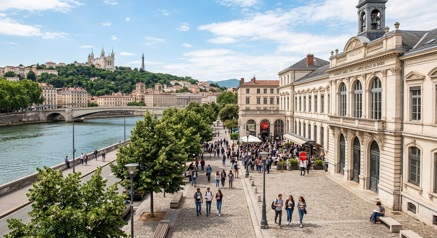 Historic Berges du Rhône campus of Lumière Lyon 2 University along the Rhône River, classical French architecture with arched windows, students walking through tree-lined courtyard, Lyon cityscape in background with Basilica of Fourvière on hilltop