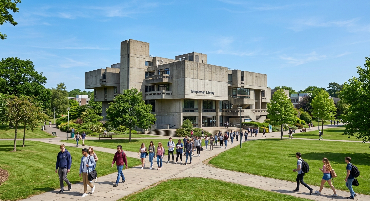 University of Kent Canterbury campus Templeman Library building, modern brutalist architecture surrounded by green parkland, students walking on pathways, clear sky