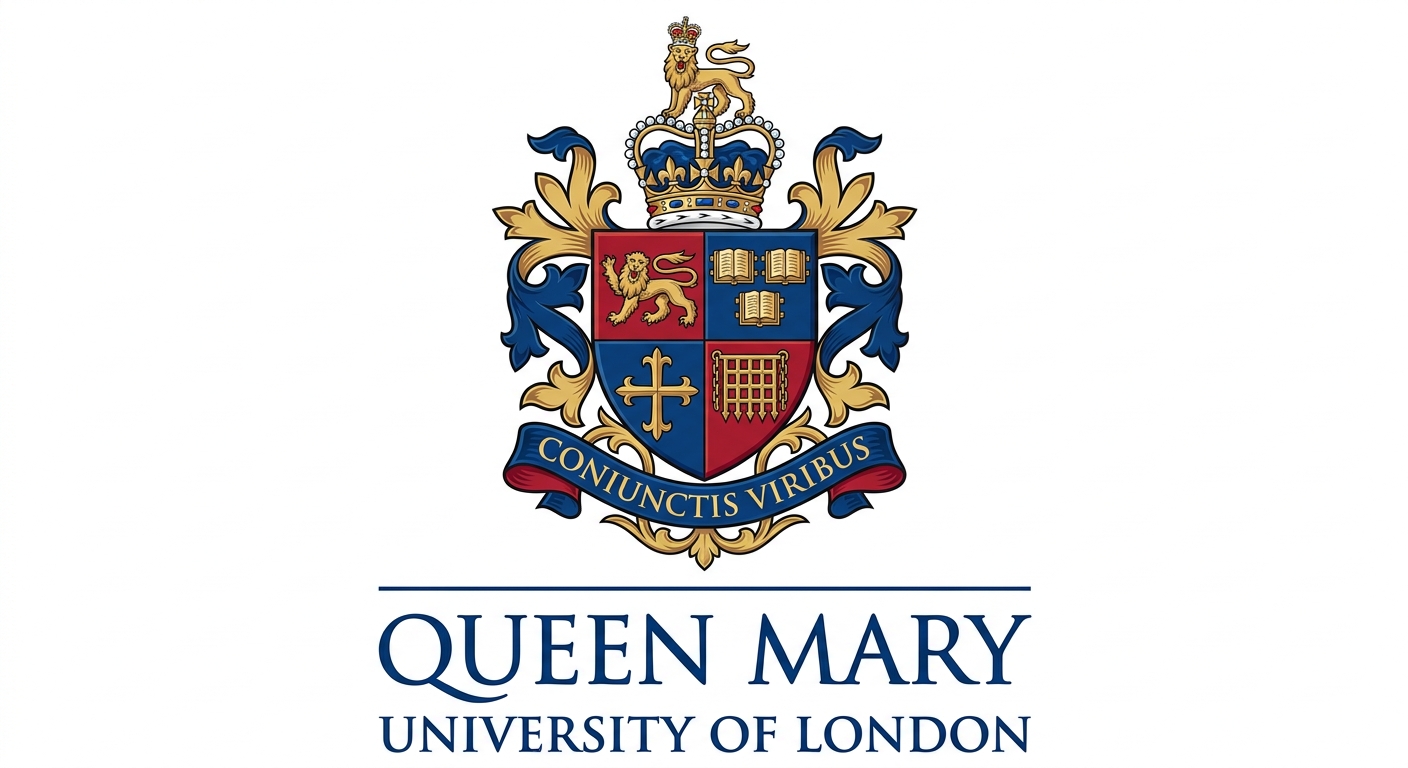 Queen Mary University of London official logo, shield crest with motto 'Coniunctis Viribus' in blue and red on white background