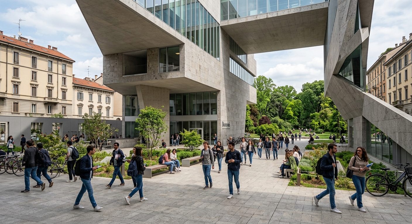 Bocconi University modern campus buildings in downtown Milan, Italy, with students walking through the courtyard, contemporary architecture blending with historic structures, green park area visible in background