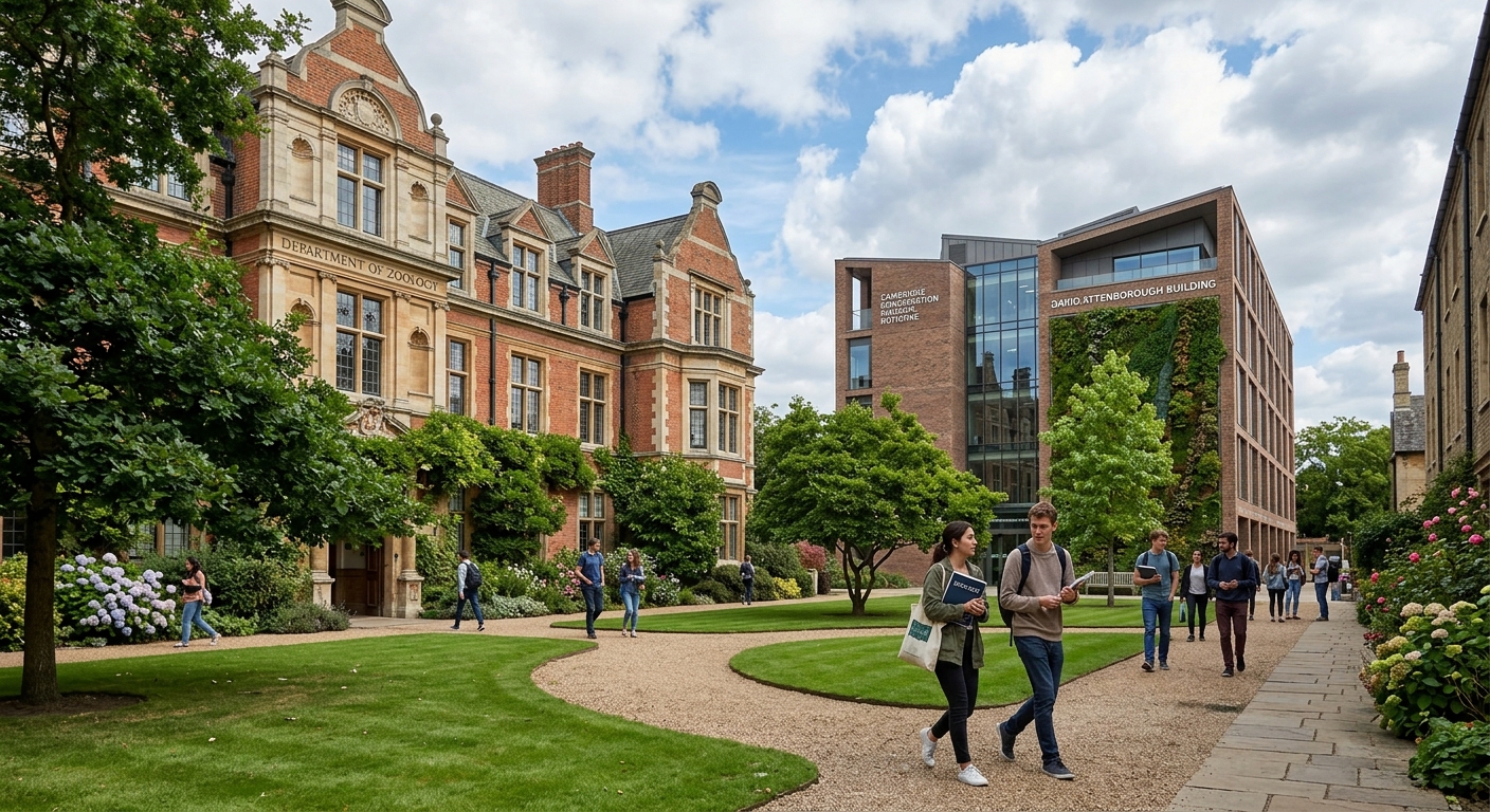 Historic University of Cambridge Department of Zoology building with the David Attenborough Building in the background, lush green courtyard, students walking with notebooks, classic stone architecture under a partly cloudy English sky