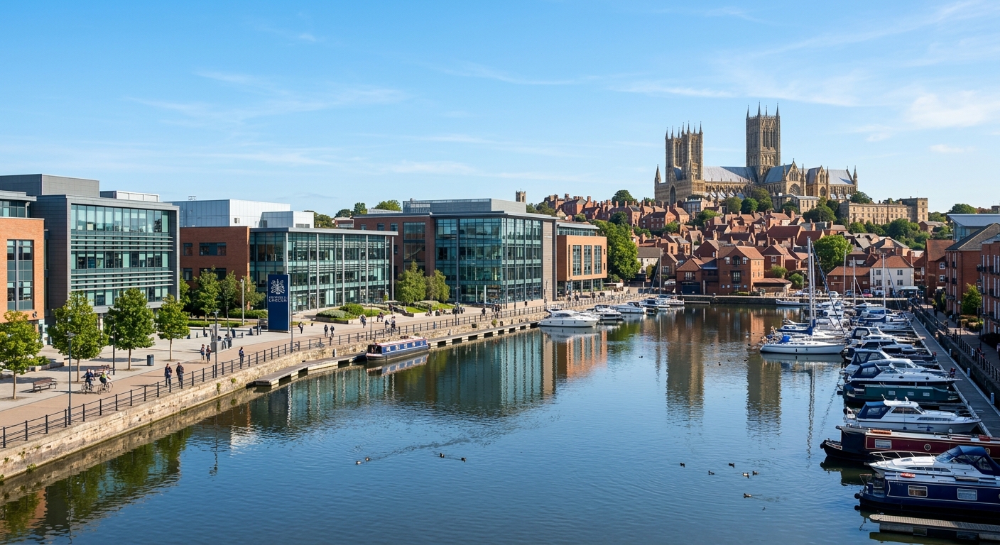 University of Lincoln Brayford Pool Campus wide shot, modern university buildings along waterfront marina, Lincoln Cathedral visible on hilltop in background, clear sky, reflections on water