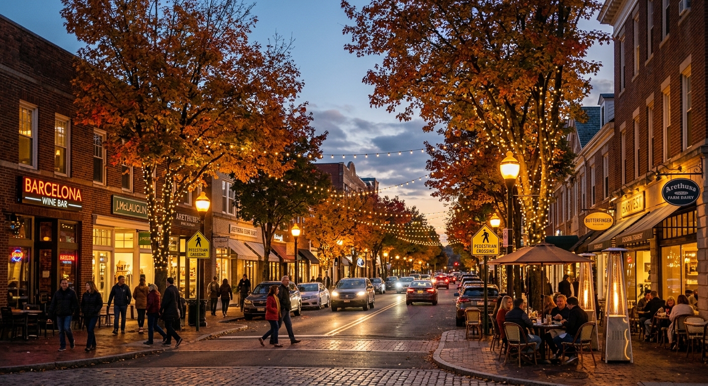 West Hartford Center downtown area at dusk showing tree-lined streets with shops, restaurants, and cafes, with autumn foliage and warm street lighting