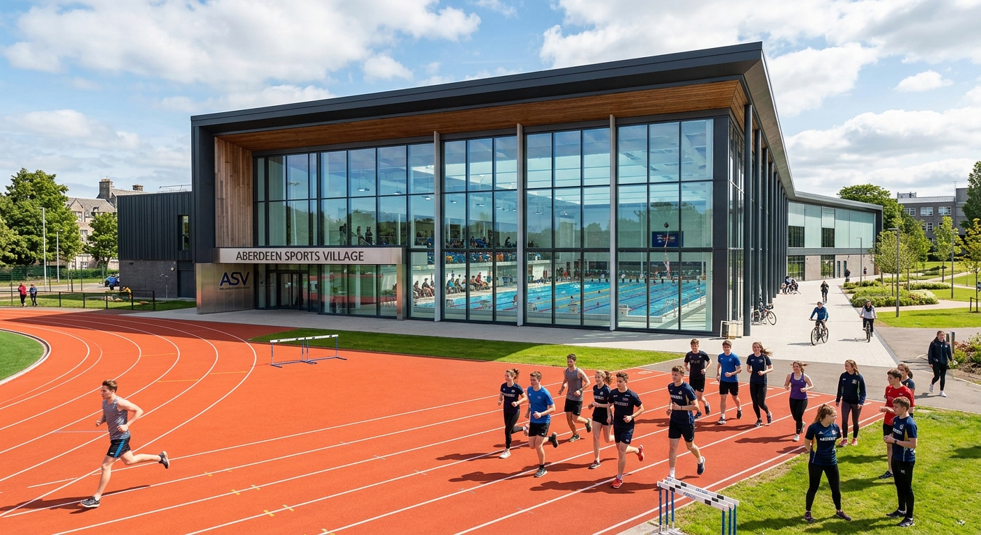 Aberdeen Sports Village Olympic standard swimming pool and sports complex, modern building with large glass windows, athletics track visible, students exercising