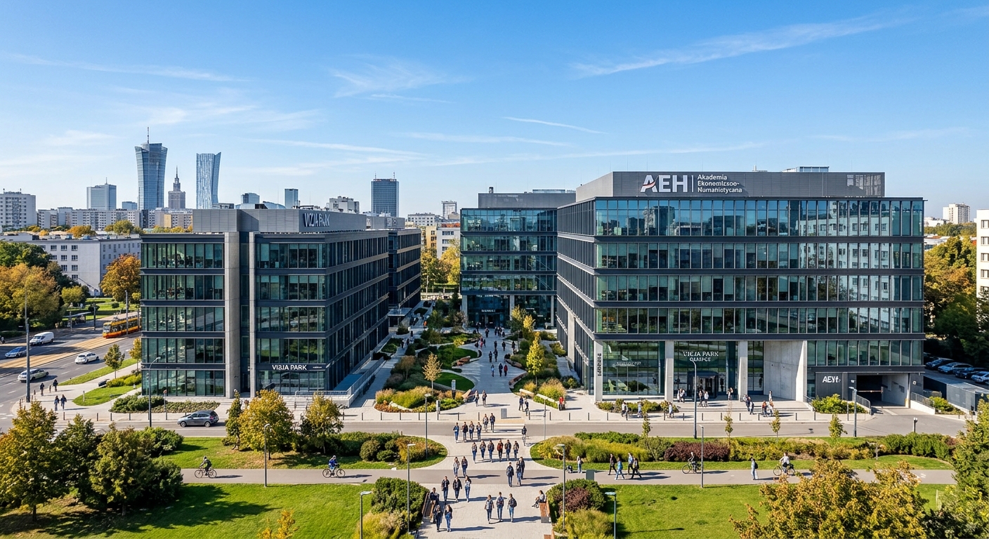 Vizja Park Campus wide-shot, modern multi-story educational complex on Okopowa Street in Warsaw's Wola district, glass facades, green landscaping, students walking between buildings, clear blue sky