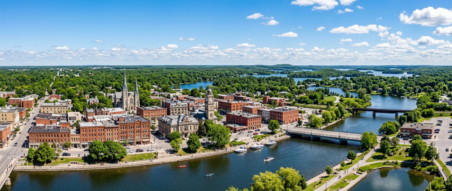 Panoramic view of Peterborough Ontario Canada, downtown heritage buildings along the Otonabee River, Kawartha Lakes region in the background, lush green forests, clear blue sky