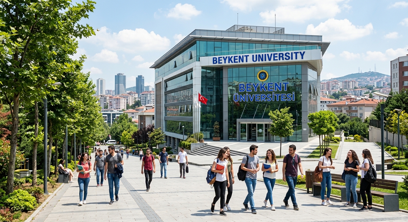 Modern Beykent University campus building in Istanbul with glass facade, students walking on tree-lined pathways, city skyline visible in background, bright daylight