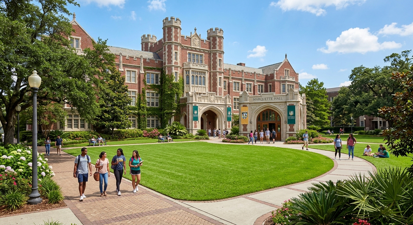 Marquette Hall at Loyola University New Orleans, Tudor Gothic architecture with arched entrance and manicured horseshoe lawn, students walking on pathways, sunny day