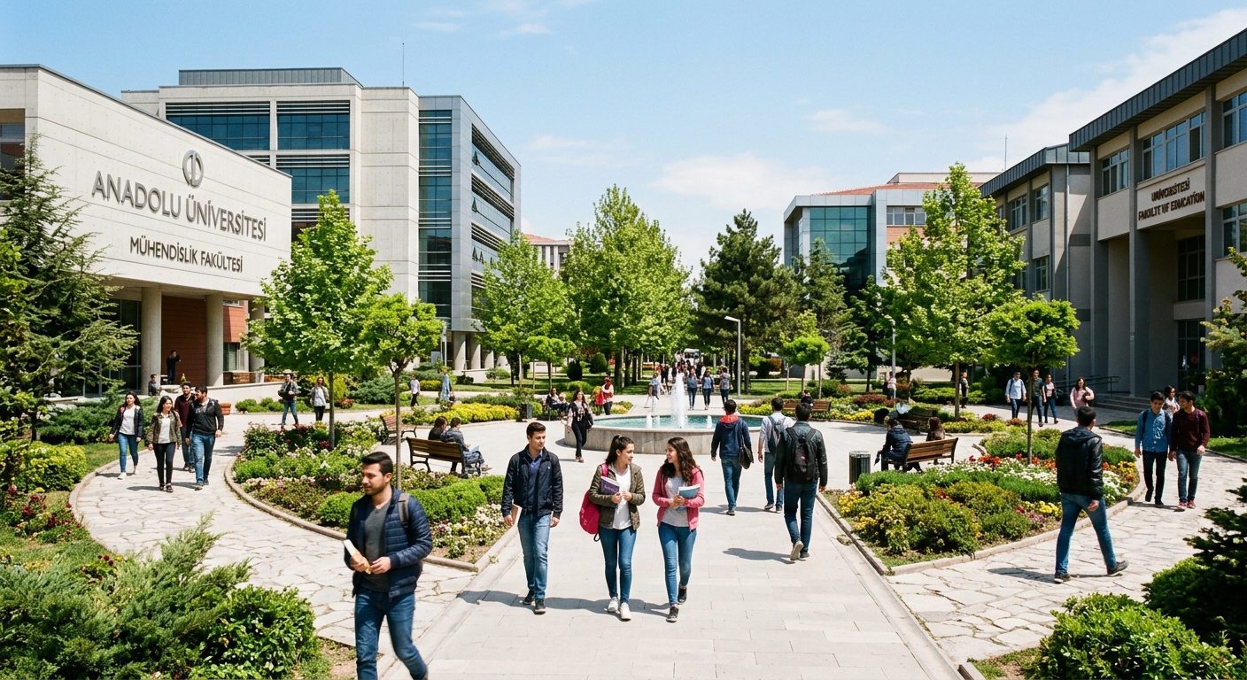 Anadolu University Yunus Emre Campus central plaza, students walking among modern faculty buildings, green trees and landscaped pathways, sunny day