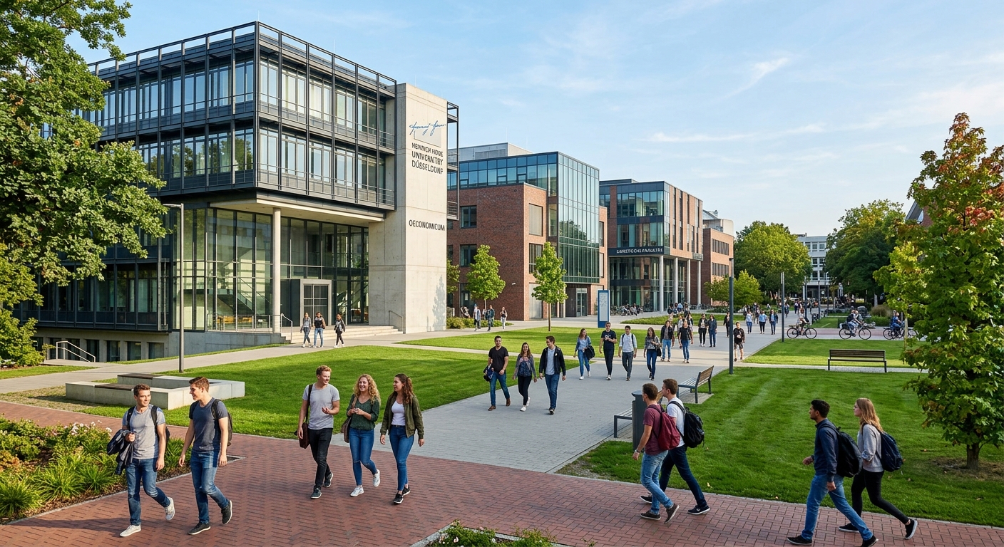 Modern campus of Heinrich Heine University Düsseldorf with contemporary academic buildings, green lawns, and students walking between lecture halls on a sunny day in the Bilk district
