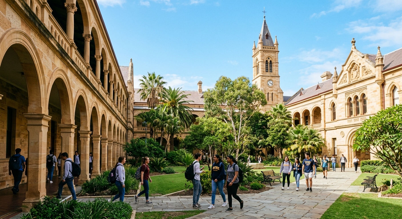 Historic sandstone university buildings in Fremantle Western Australia with heritage architecture, students walking through courtyard with Mediterranean-style arches, blue sky and lush greenery
