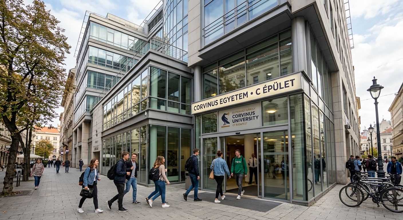 Modern Czuczor Street building of Corvinus University, contemporary glass and steel architecture, students entering through main entrance, urban Budapest setting