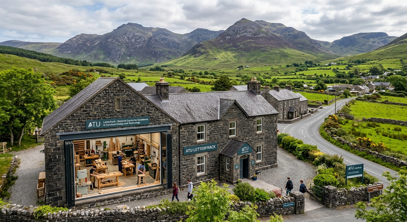ATU Letterfrack campus in Connemara, County Galway, scenic rural Irish landscape with mountains, traditional stone buildings, furniture design workshop interior visible