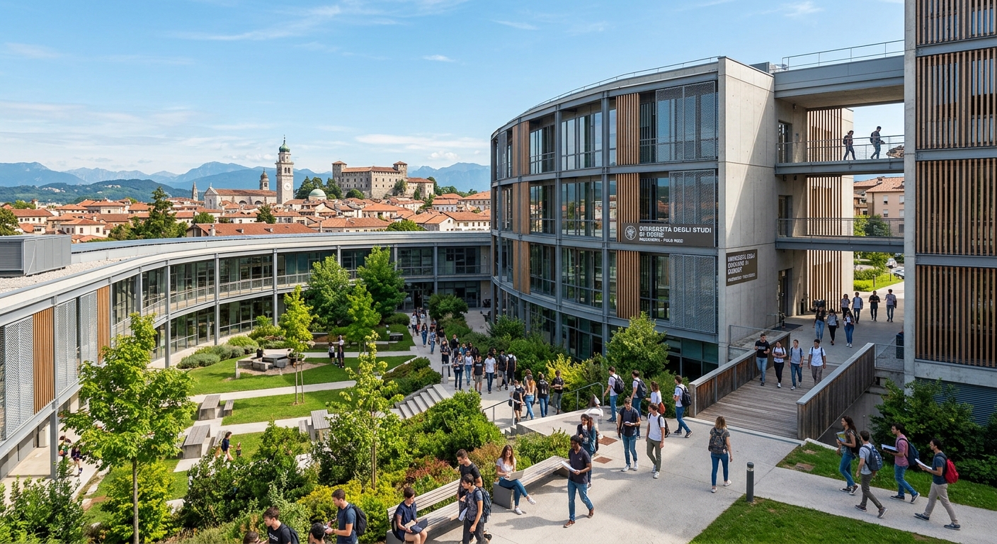 University of Udine engineering campus building with modern architecture, Italian cityscape in background, students walking through courtyard with green areas, Friuli Venezia Giulia region setting