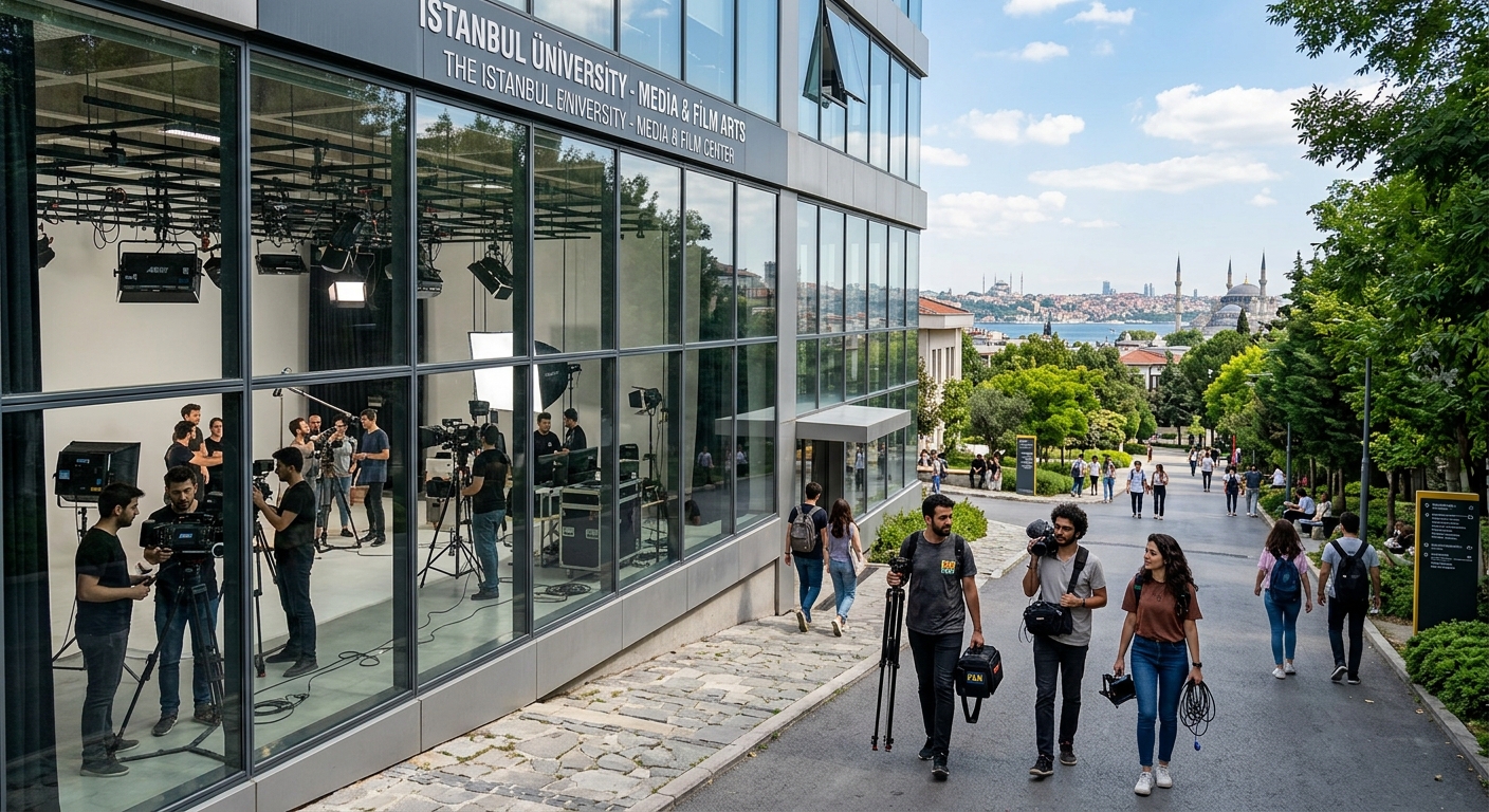 Modern university campus in Istanbul with glass-fronted media building, film production studio visible through windows, students carrying camera equipment walking on tree-lined pathways, city skyline in background