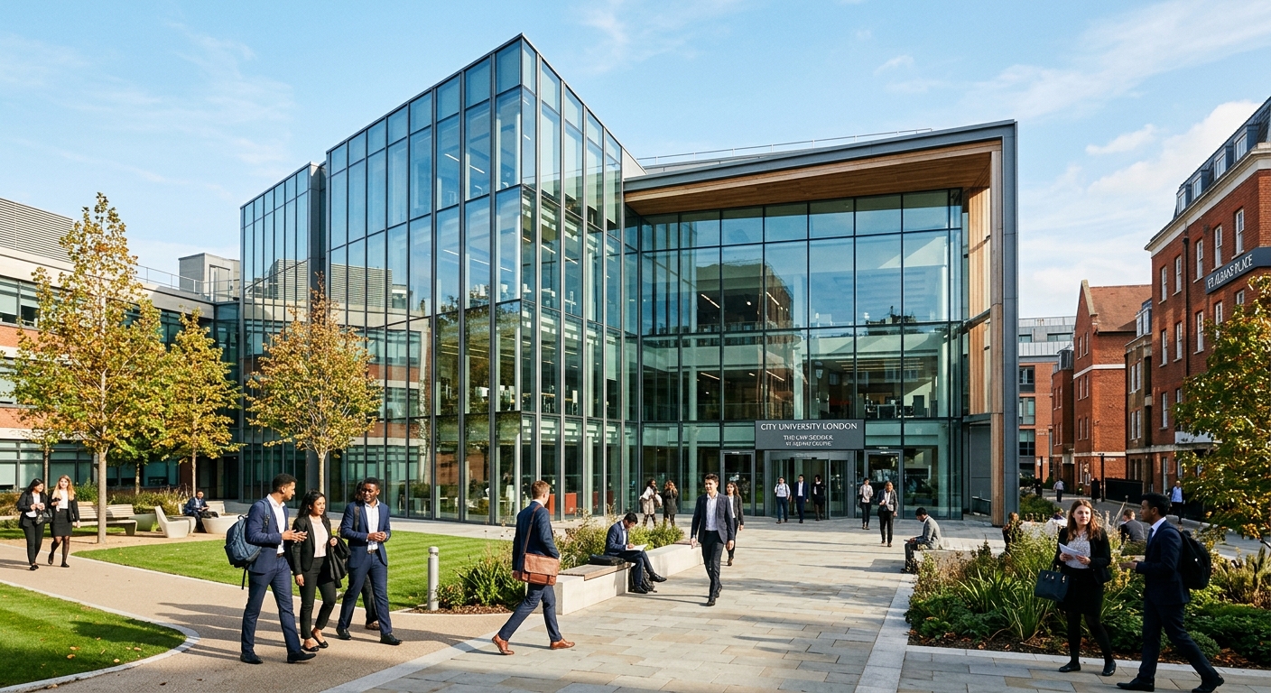 Modern University of Law campus building in the United Kingdom, glass-fronted architecture with students walking through courtyard, professional business and law school setting, clear sky