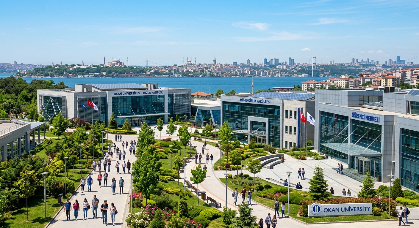 Modern Istanbul Okan University Tuzla campus with contemporary glass buildings, green landscaping, students walking between lecture halls, Istanbul skyline visible in background, bright sunny day